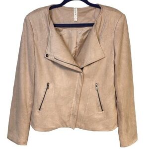 Mural Tan Beige Faux Suede Leather Moto Zip Jacket Large